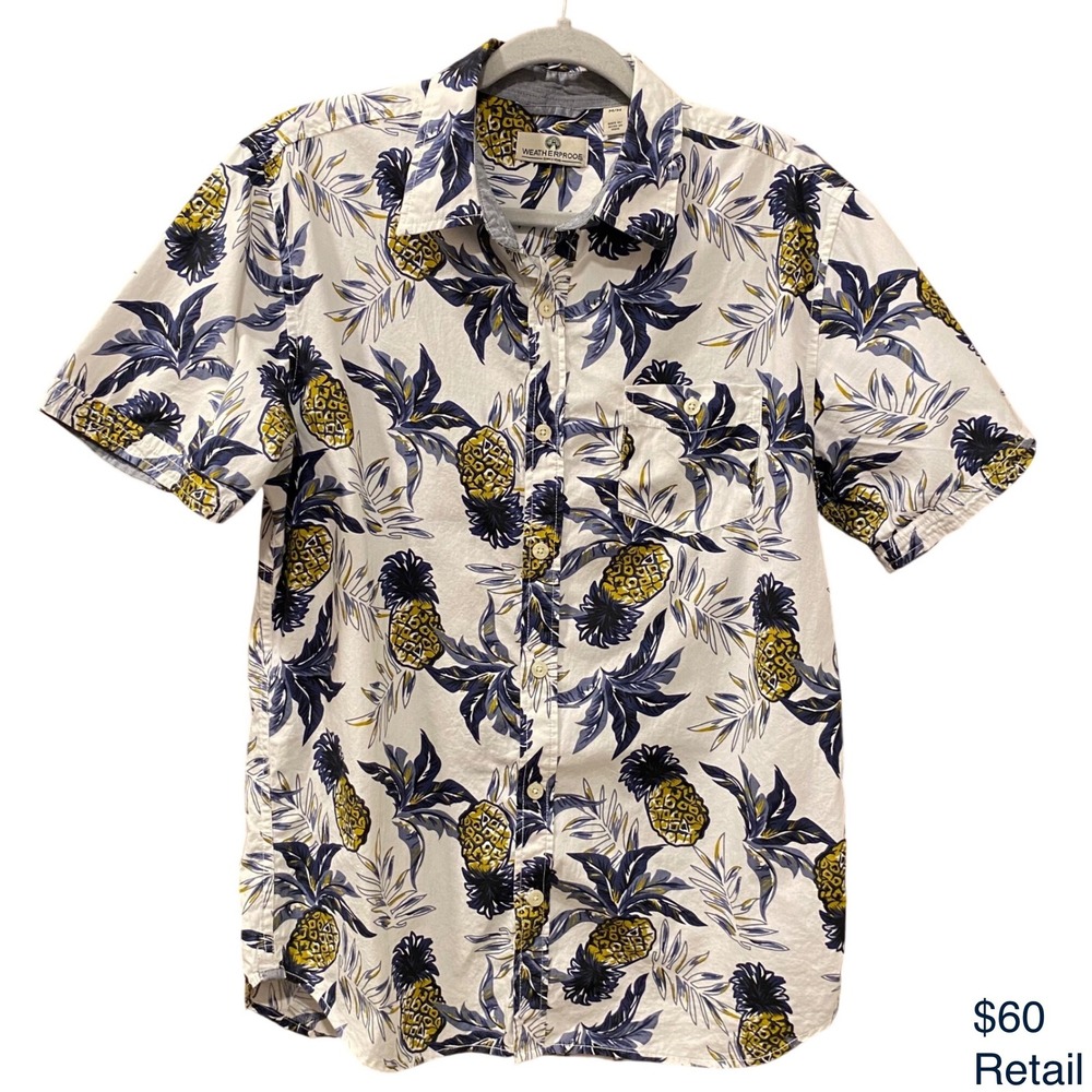 WEATHERPROOF Pineapple Print Camp Shirt M Tropical Beach Vacation 100% Cotton